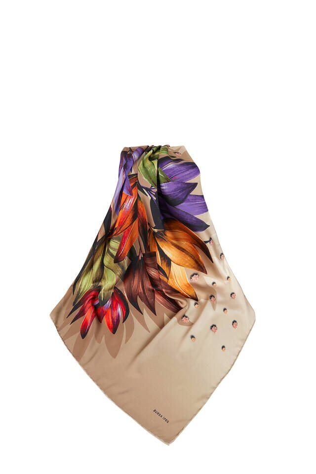 Beige Diamond Pattern Silky Square Scarf - 3