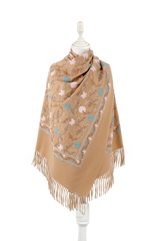 Beige Embroidered Winter Shawl - Bursa İpek