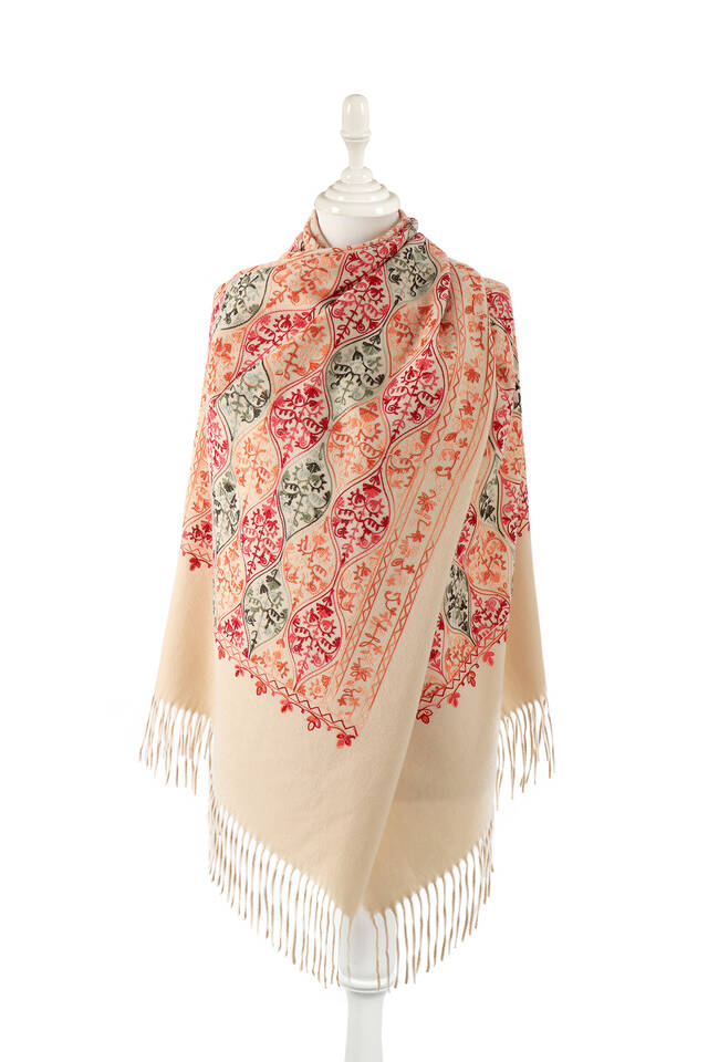 Beige Embroidered Winter Shawl - Bursa İpek