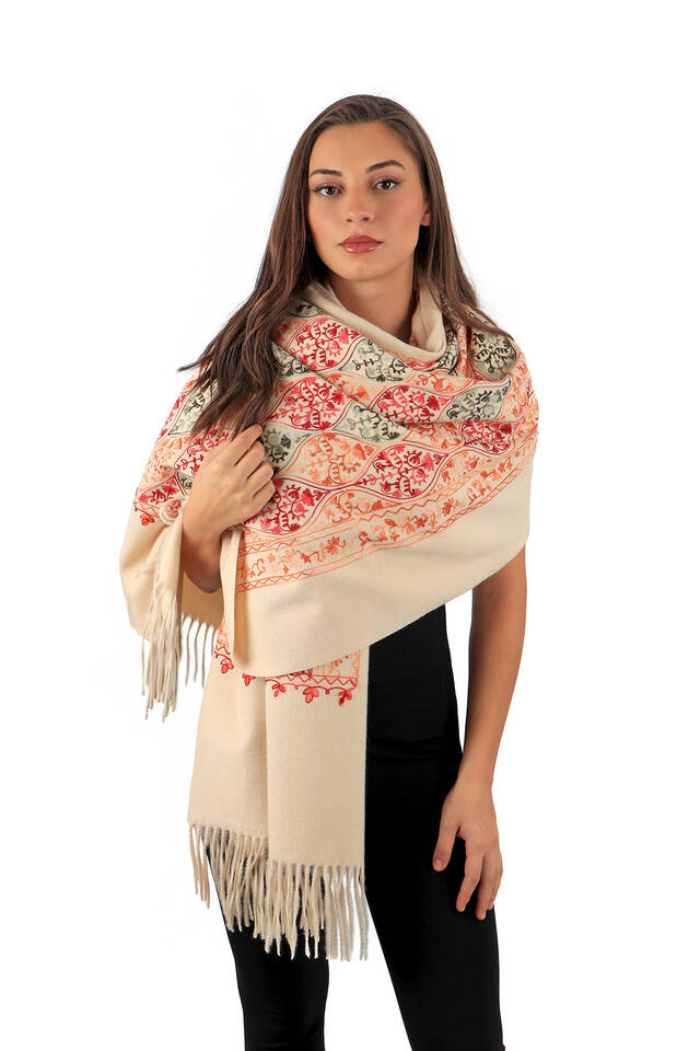 Beige Embroidered Winter Shawl - 2