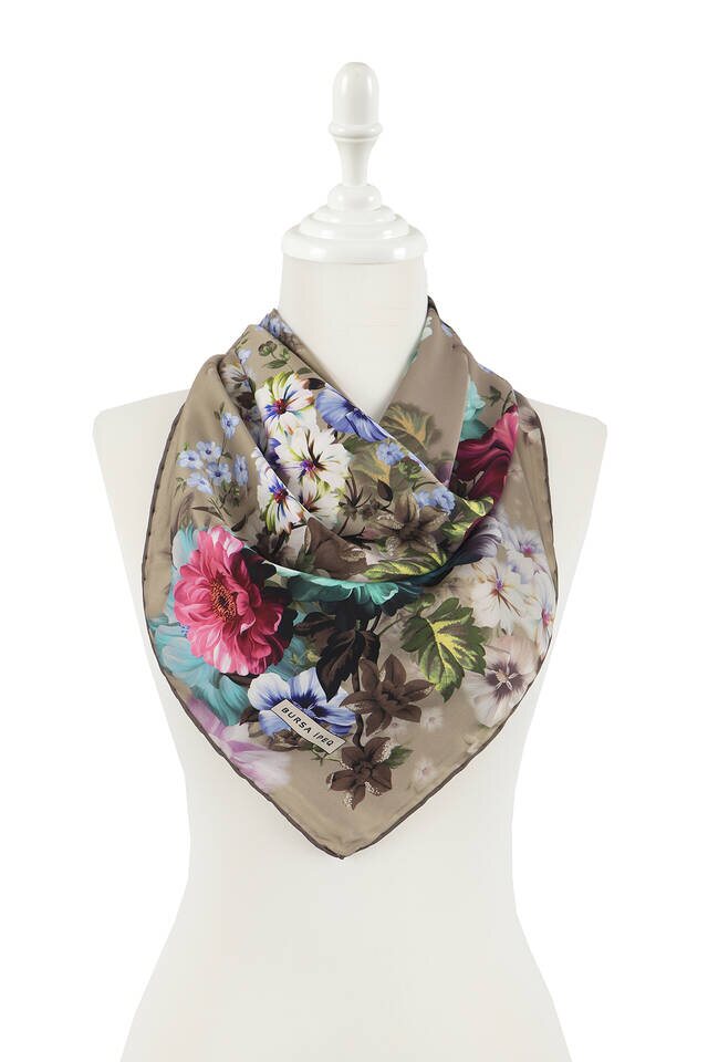 Beige Fulya Pattern Silky Square Scarf - 2