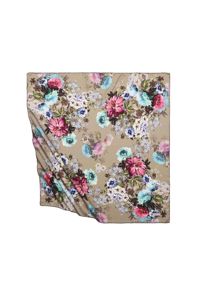 Beige Fulya Pattern Silky Square Scarf 