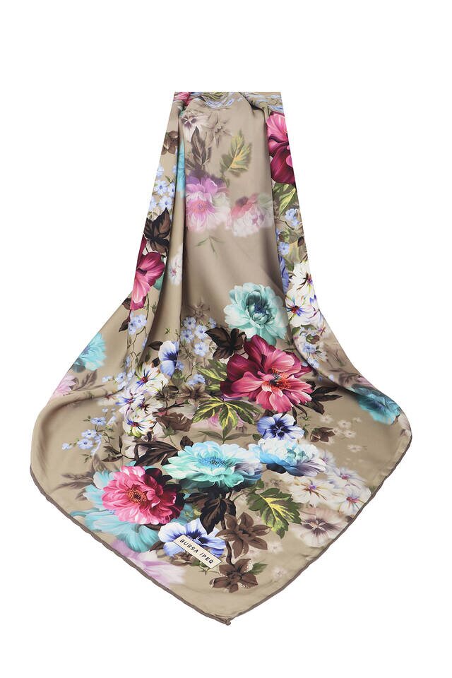 Beige Fulya Pattern Silky Square Scarf - 3