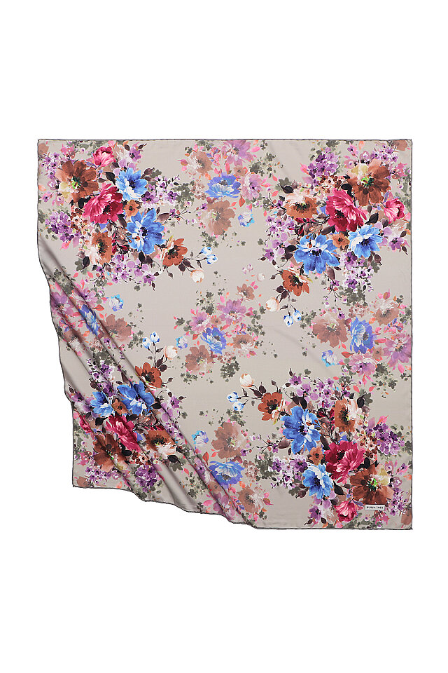 Beige Geranium Pattern Silky Square Scarf 