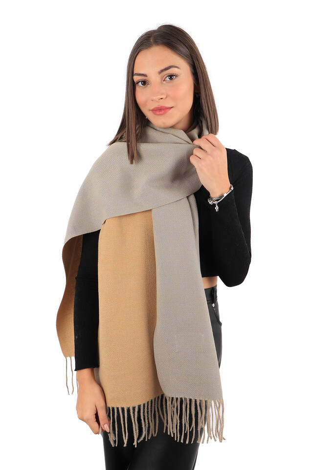 Beige Gray Double Sided Winter Shawl - 2