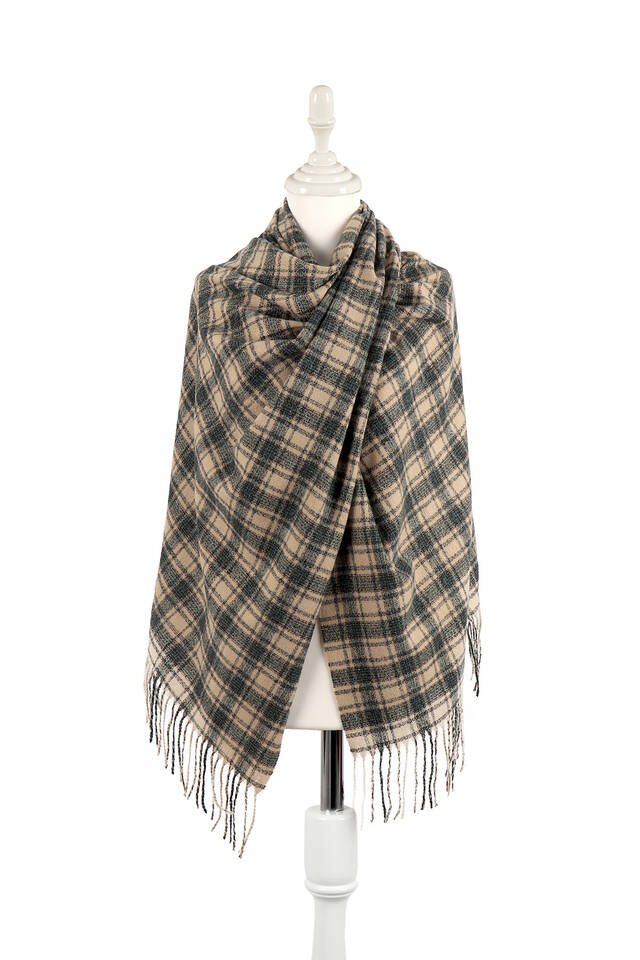 Beige Green Plaid Pattern Winter Shawl 