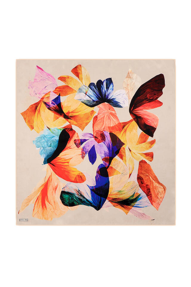 Beige Harmony Pattern Sura Silk Square Scarf - 2