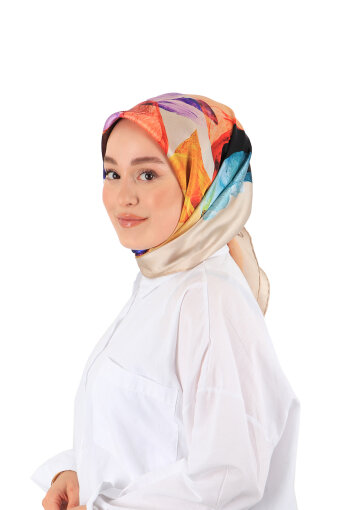 Beige Harmony Pattern Sura Silk Square Scarf 