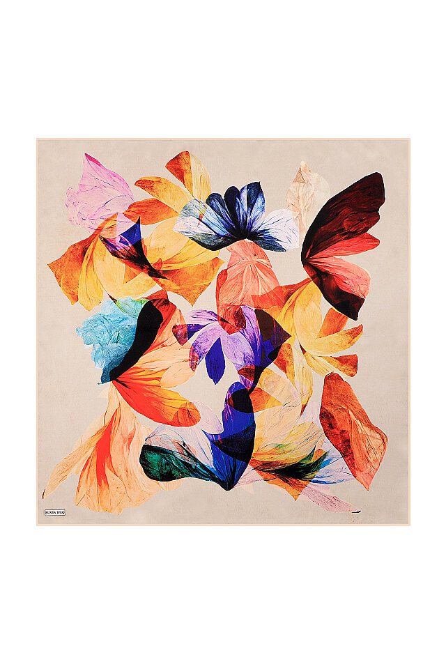 Beige Harmony Pattern Sura Silk Square Scarf 