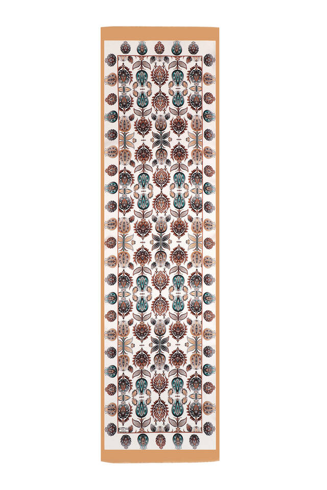 Beige Iznik Pattern Narrow Silk Foulard - 4
