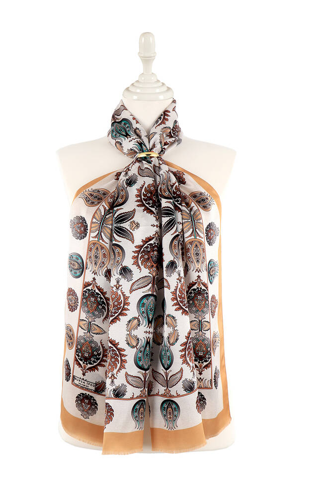 Beige Iznik Pattern Silk Foulard 