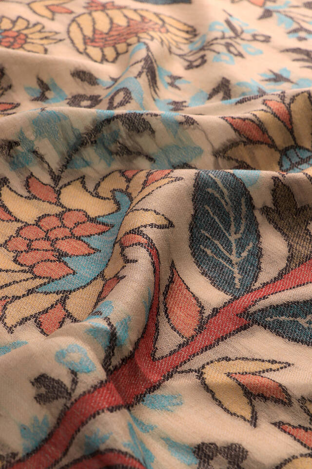 Beige Jacquard Patterned Wool Shawl - 4