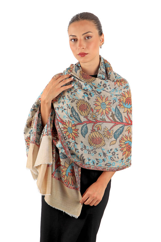 Beige Jacquard Patterned Wool Shawl - 2