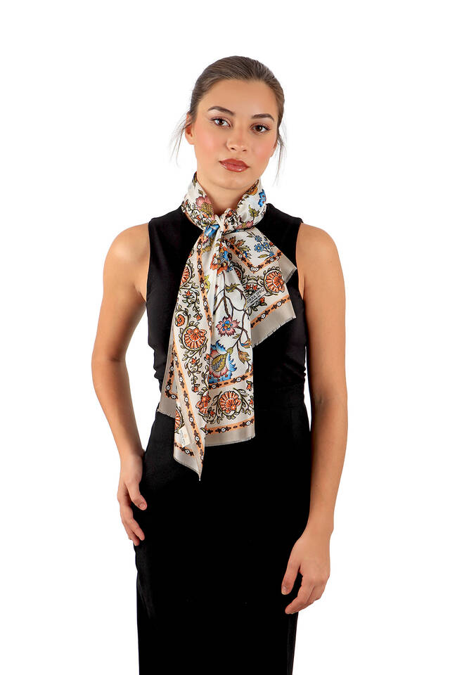 Beige Lily Pattern Voile Silk Foulard - Bursa İpek