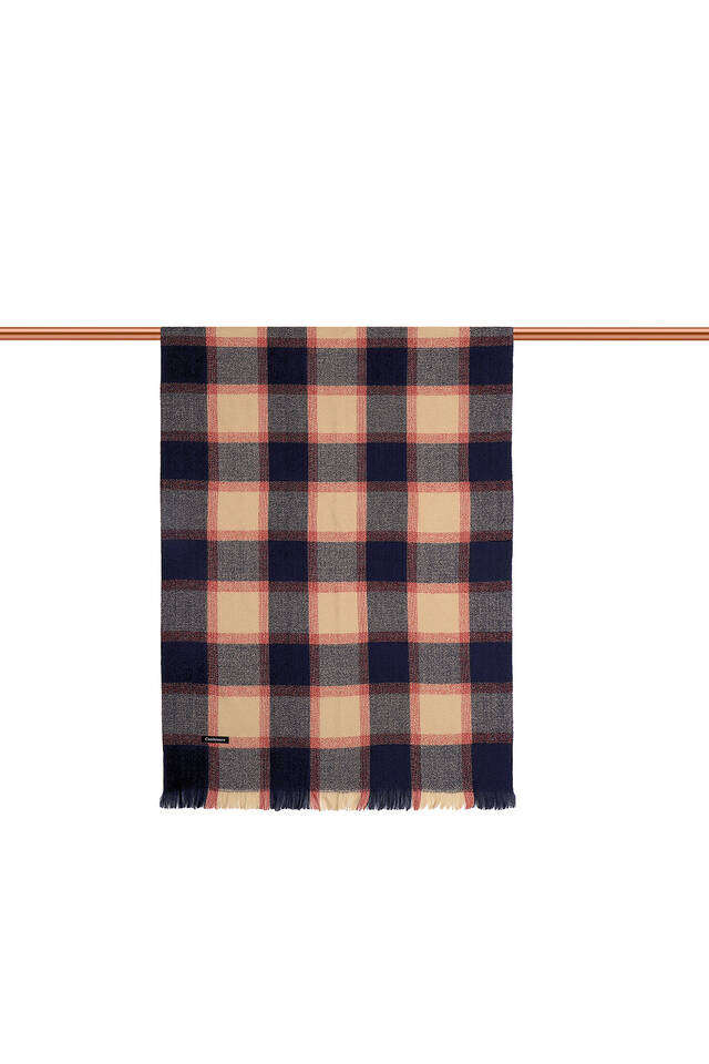 Beige Navy Blue Plaid Pattern Winter Shawl - 3