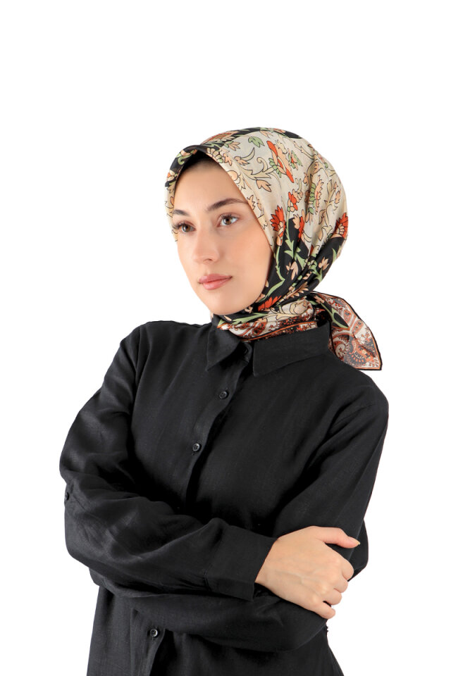 Beige Shawl Pattern Voile Silk Square Scarf - 1