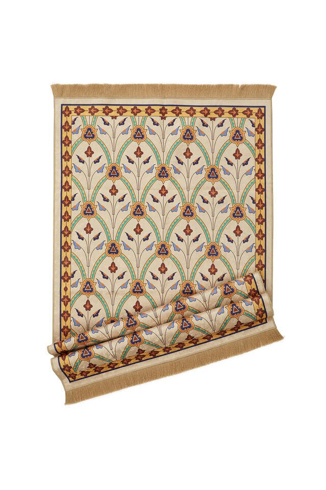 Beige Velvet Carpet Prayer Rug - 4