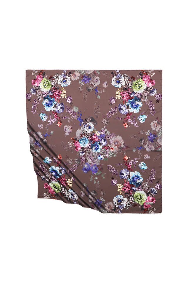 Bitter Brown Begonia Pattern Silky Square Scarf - 1