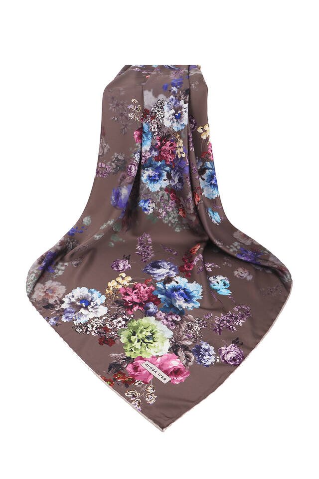 Bitter Brown Begonia Pattern Silky Square Scarf - 3