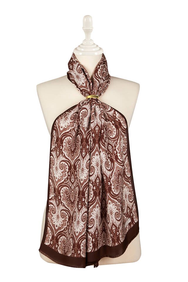 Bitter Brown Damask Pattern Silk Foulard - 1