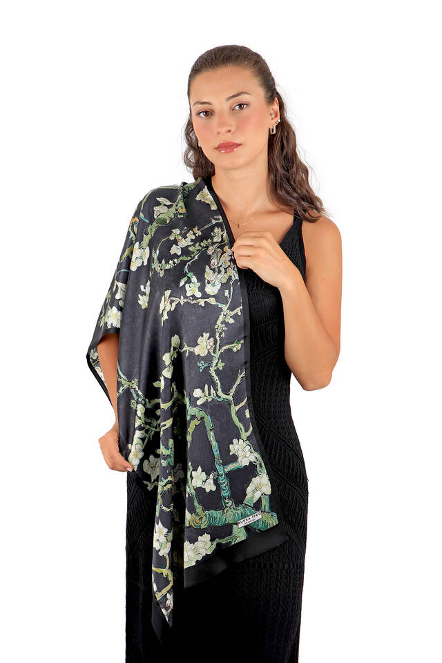 Black Almond Blossom Silk Foulard - 2