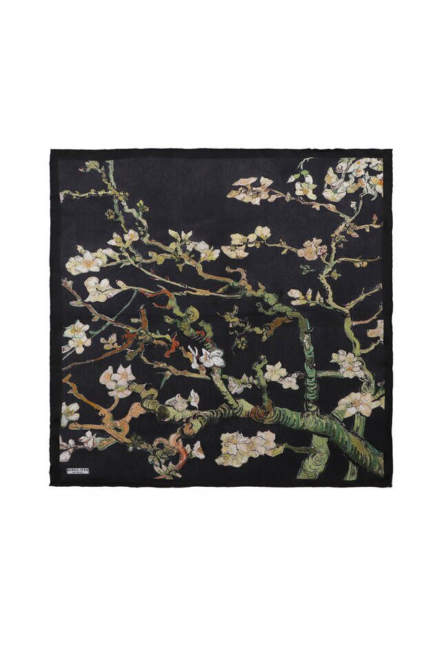 Black Almond Blossom Silk Pocket Square - Bursa İpek