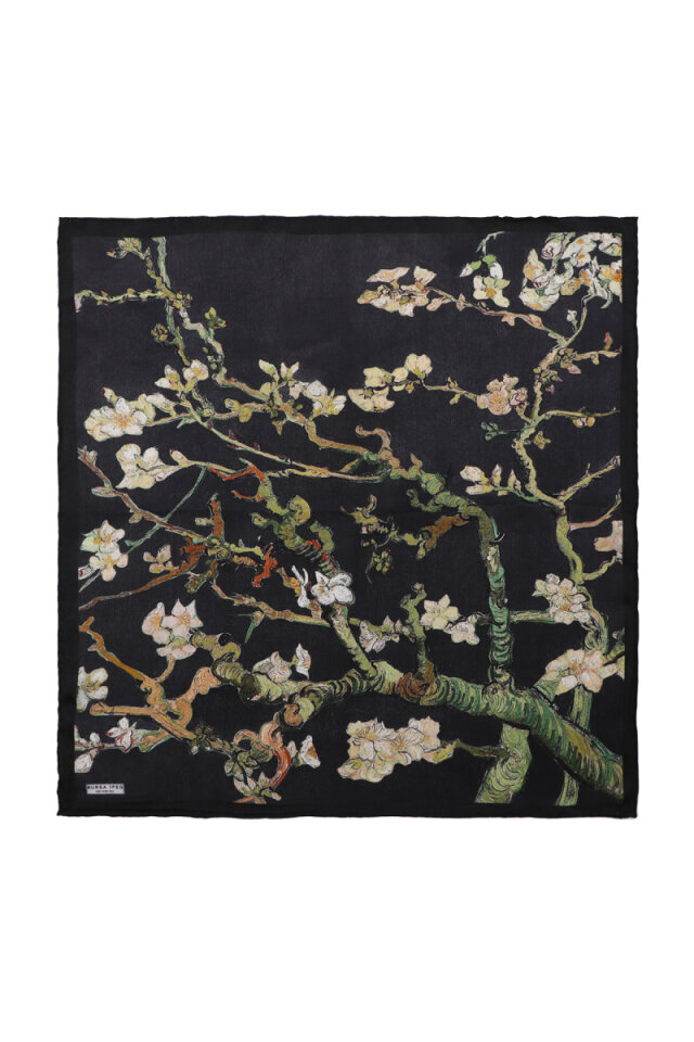 Black Almond Blossom Silk Pocket Square - Bursa İpek