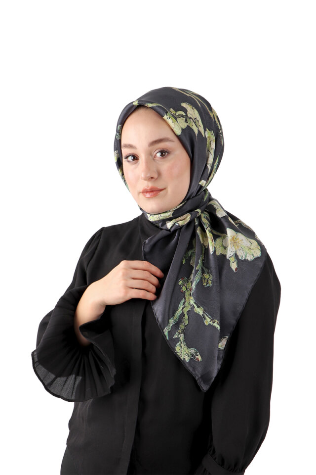 Black Almond Blossom Sura Silk Square Scarf 