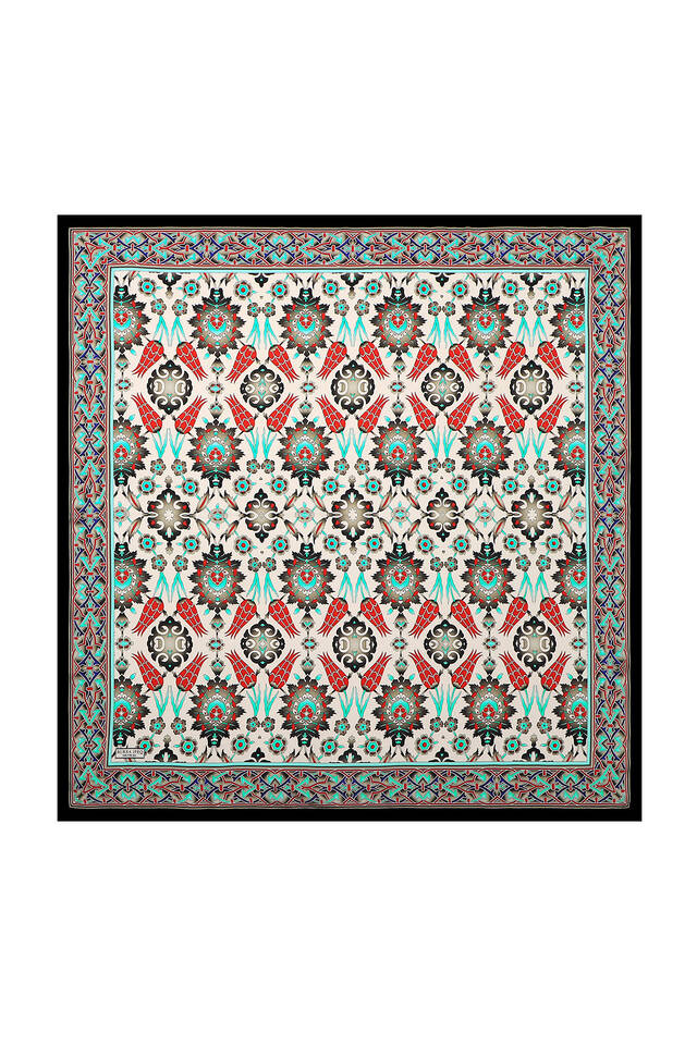 Black and White Tile Tulip Pattern Silk Square Scarf - 2