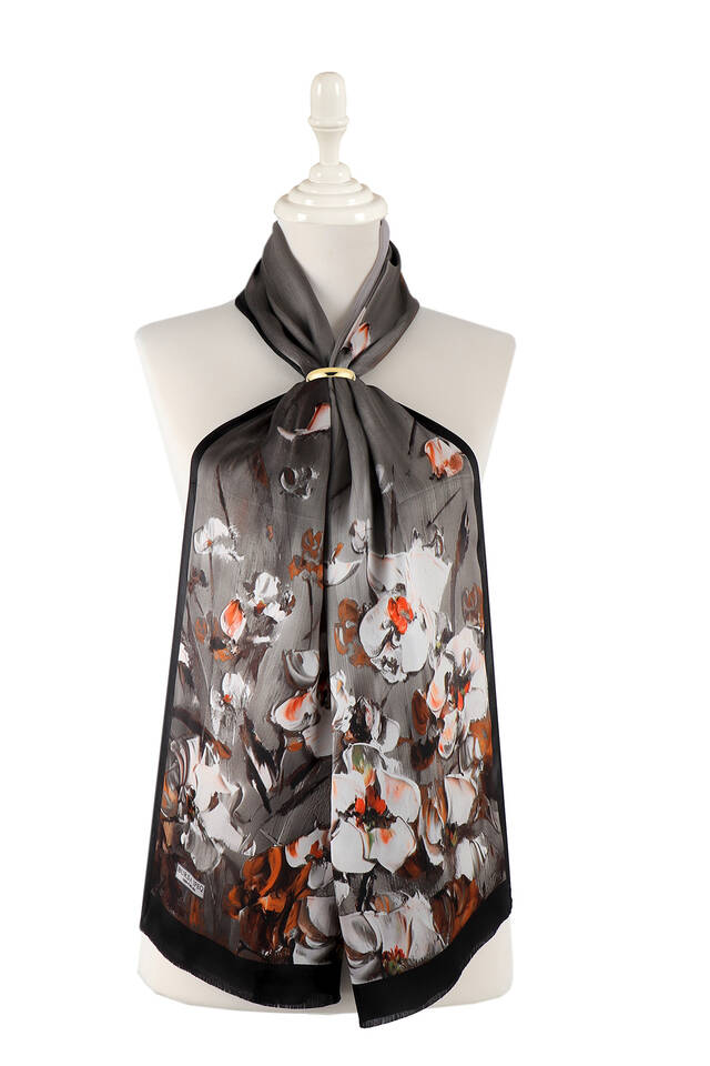 Black Anemone Pattern Silk Foulard - Bursa İpek