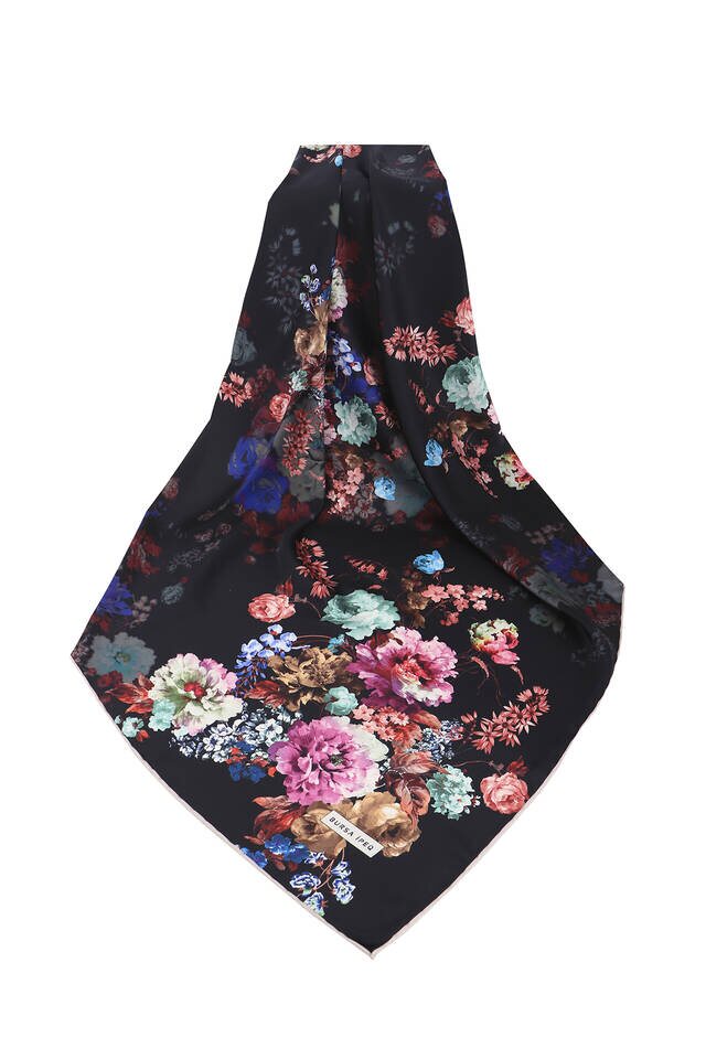 Black Begonia Pattern Silky Square Scarf - 3