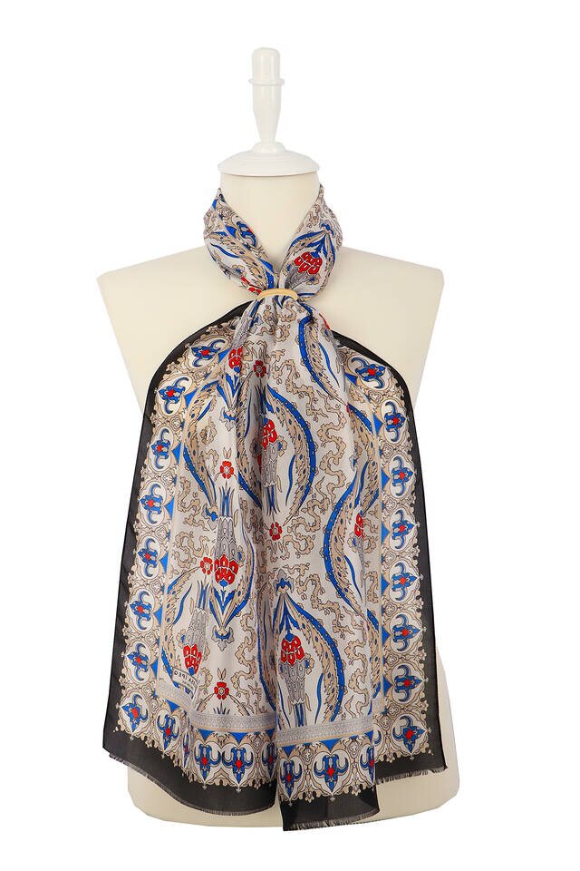 Black Beige Big Tulip Voile Silk Foulard 