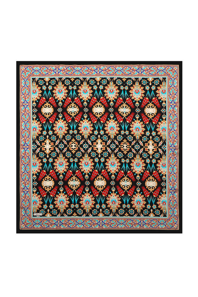 Black Beige Tile Tulip Pattern Silk Square Scarf - 2