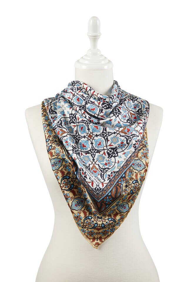 Black Brown Turkish Patterned Tile Pattern Silk Square Scarf - 2