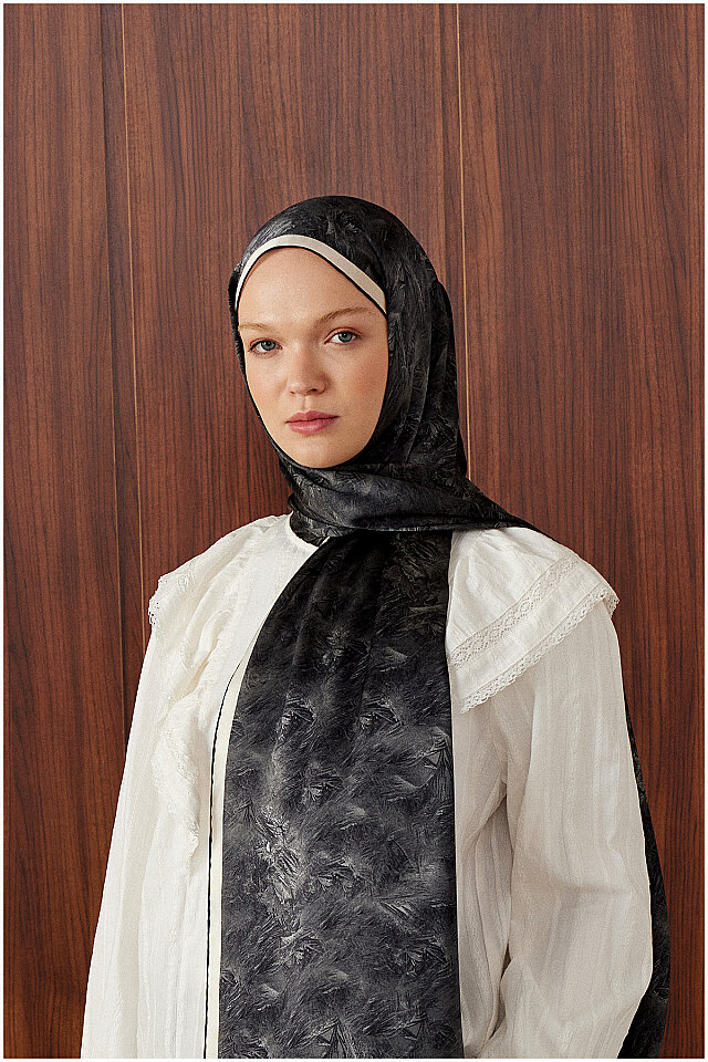 Black Brush Pattern Silk Scarf - Bursa İpek