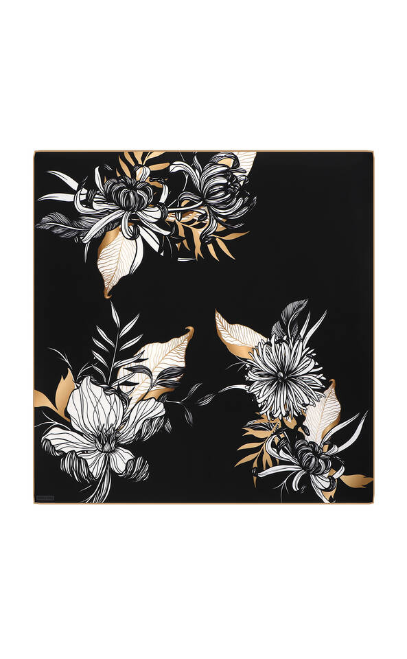 Black Çağla Pattern Twill Silk Square Scarf - 2