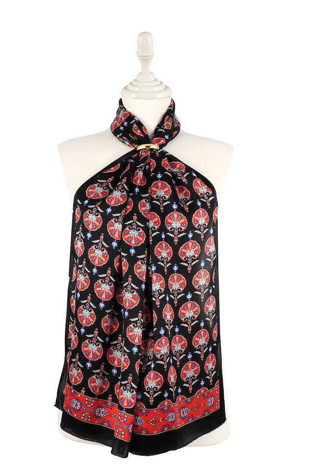 Black Carnation Pattern Silk Foulard 