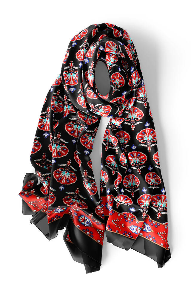Black Carnation Pattern Silk Foulard - 3