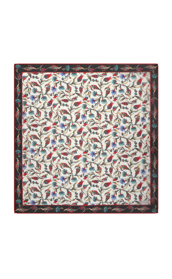 Black Carnation Tulip Pattern Soft Square Scarf - Bursa İpek
