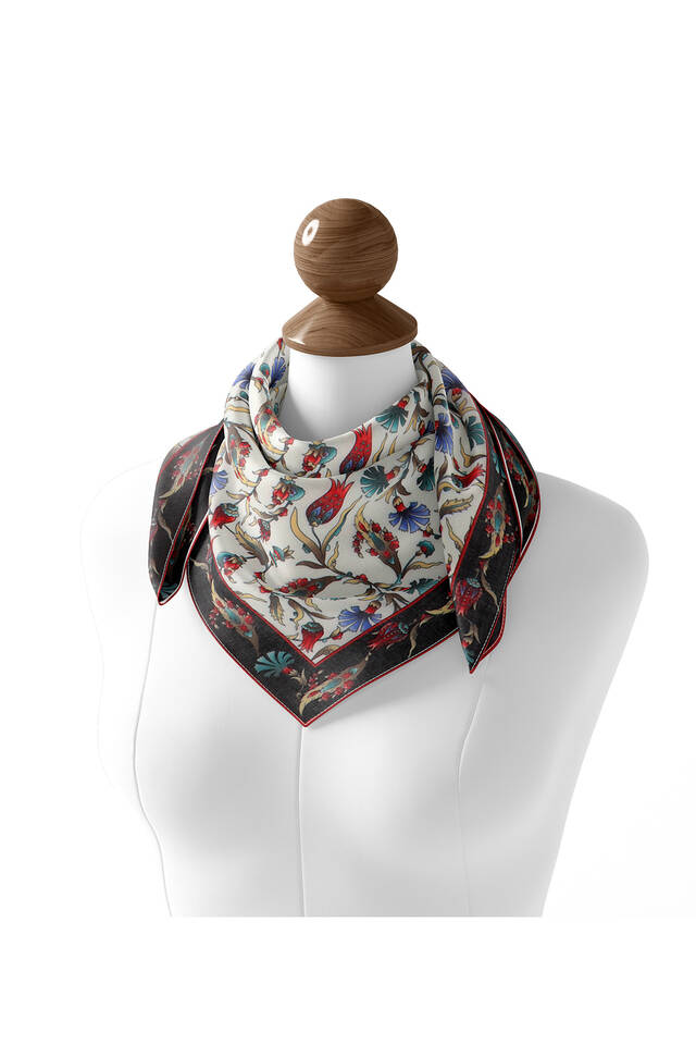 Black Carnation Tulip Pattern Soft Square Scarf - 2