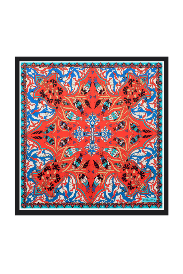 Black Çintemani Carnation Pattern Silky Pocket Square - Bursa İpek