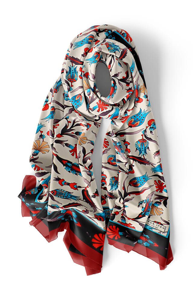 Black Claret Red Carnation Tulip Silk Foulard - 3