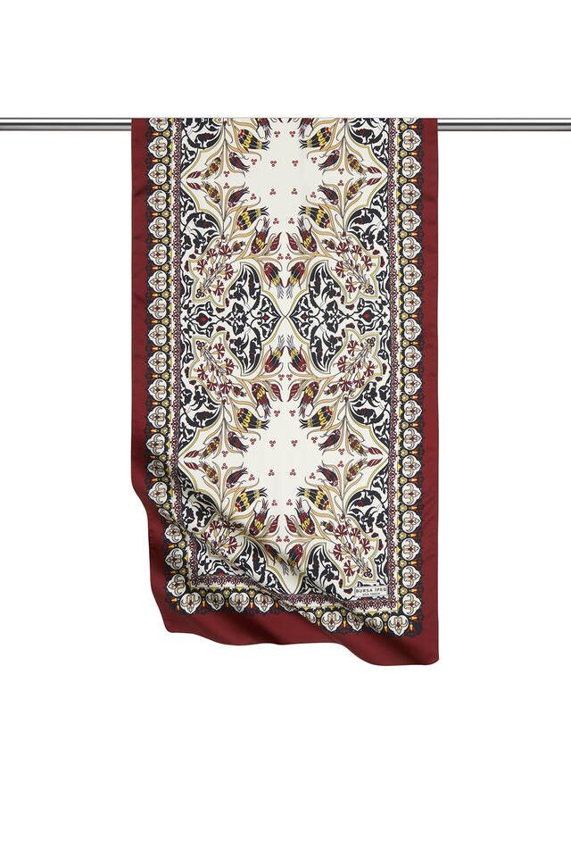 Black Claret Red Tile Tulip Pattern Narrow Silky Foulard 