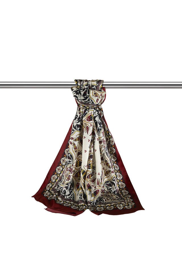 Black Claret Red Tile Tulip Pattern Narrow Silky Foulard - 3