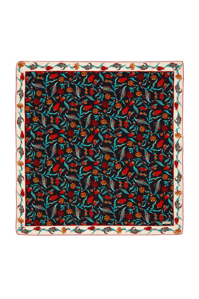 Black Ecru Carnation Tulip Pattern Silk Square Scarf - 1