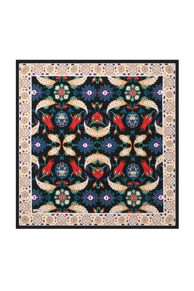 Black Ecru Efes Pattern Silk Square Scarf - 2
