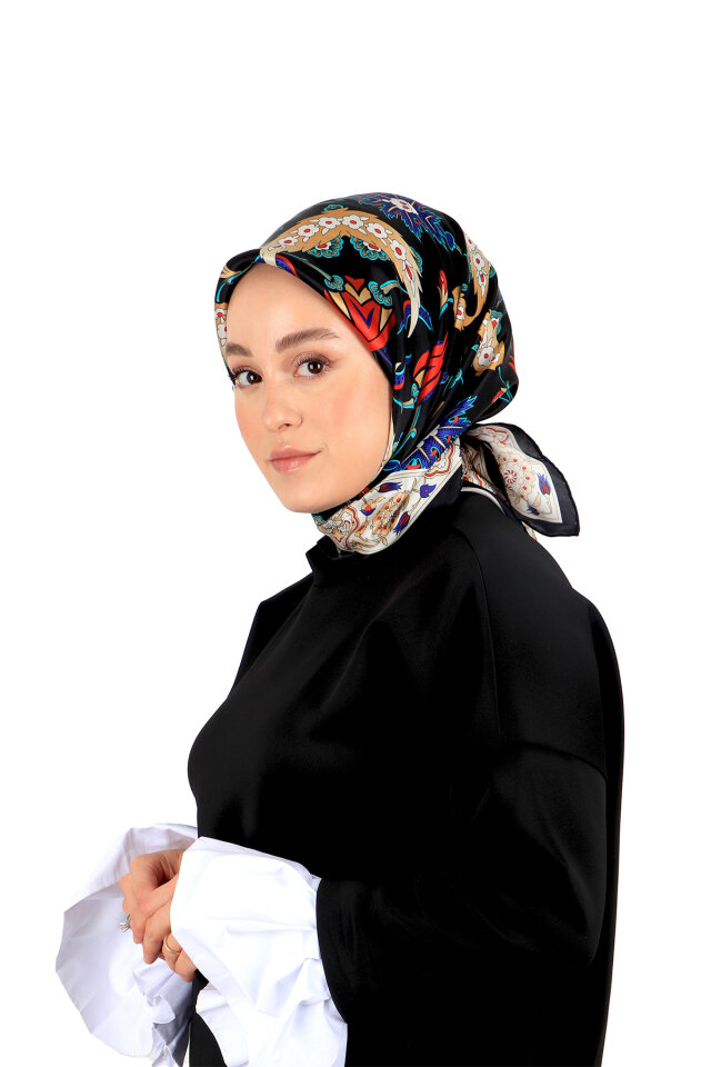 Black Ecru Efes Pattern Silk Square Scarf 