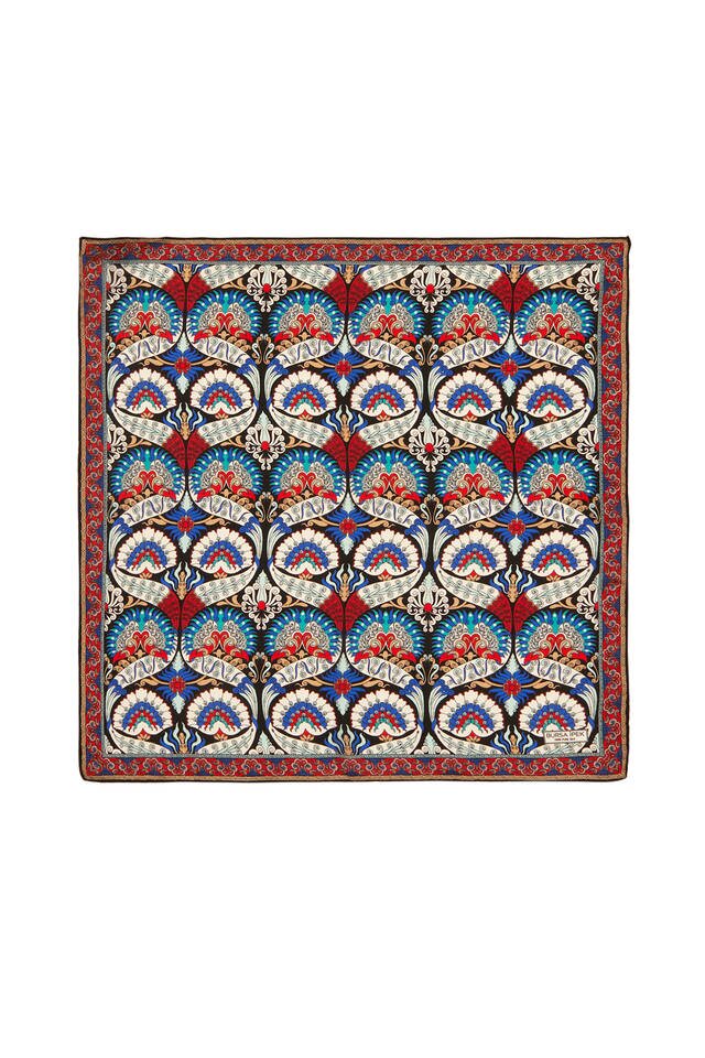 Black Ecru Peacock Pattern Silk Pocket Square - Bursa İpek