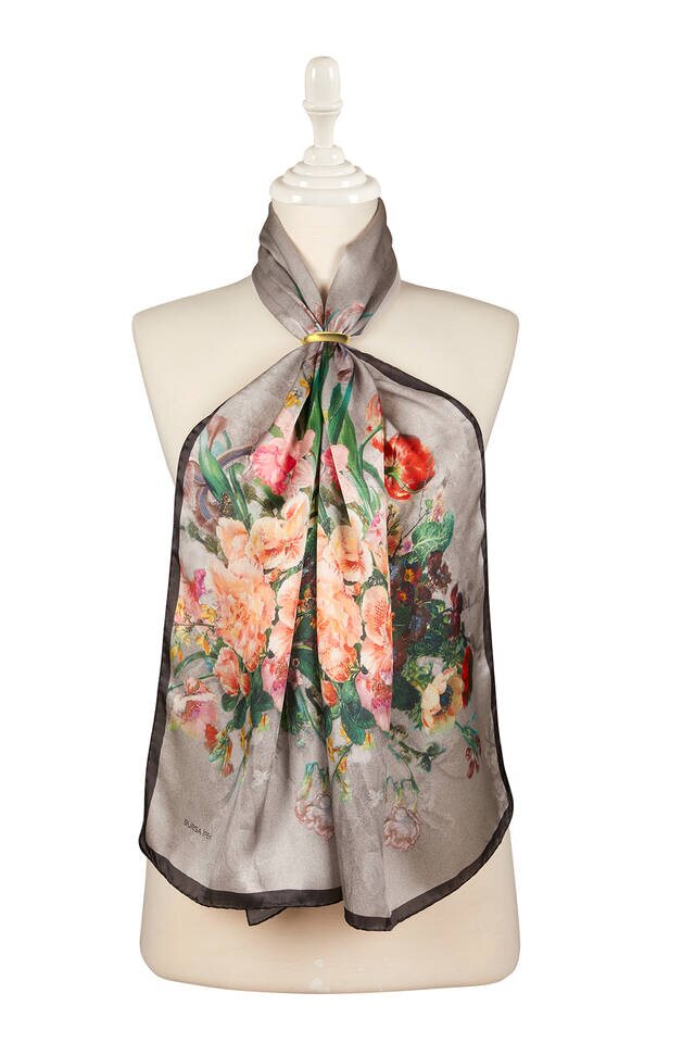 Black Floral Narrow Silk Foulard 