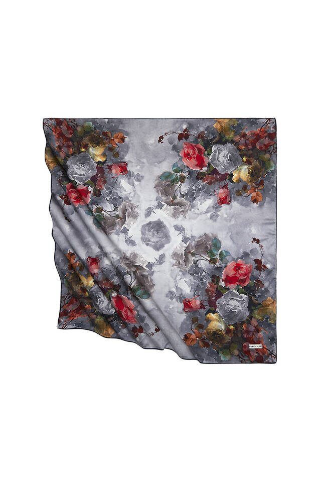 Black Floral Pattern Silky Square Scarf 